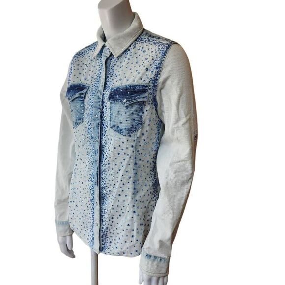 Dishe White & Blue Bedazzled Button Down Shirt (M) - Picture 3 of 7